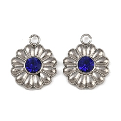Кобальт 304 прелести нержавеющей стали, со стразами, цветочный шарм, кобальт, 14.5x11.5x3.5 мм, отверстие : 1.8 мм