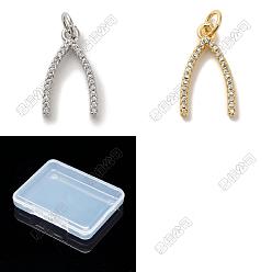 Mixed Color 8Pcs 2 Colors Rack Plating Brass Micro Pave Cubic Zirconia Pendants, Wishbone Charms, Long-Lasting Plated, Cadmium Free & Lead Free, Mixed Color, 18x10.5x2mm, Hole: 3mm, 4pcs/color
