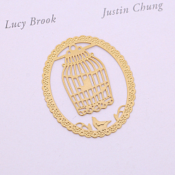 Bird Brass Hollow Bookmark, Oval, Golden, Bird & Birdcage Pattern, 28x25mm