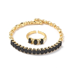 Черный Овальные латунные браслеты-манжеты и кольца с микропаве из кубического циркония для женщин, стойки покрытие, реальный 18 k позолоченный, чёрные, браслет: 7ширина мм, внутренний диаметр: 59.5x55 мм