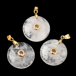 Quartz Crystal Natural Quartz Crystal Pendants, Rock Crystal Coin Charms with Brass Pave Cubic Zirconia Findings, Golden, 27x21x5mm, Hole: 4x3.5mm