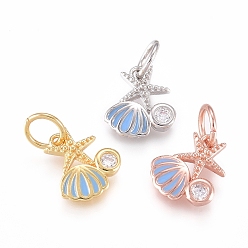 Mixed Color Brass Charms, with Micro Pave Cubic Zirconia, Enamel and Jump Rings, Starfish with Scallop, Clear & Sky Blue, Mixed Color, 10x8x2mm, Hole: 3.2mm