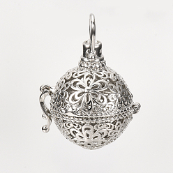 Platinum Brass Cage Pendants, For Chime Ball Pendant Necklaces Making, Hollow, Round with Flower, Platinum, 28x25.5x21mm, Hole: 6x5mm, Inner Measure: 16.5mm