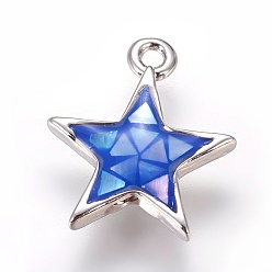 Royal Blue Brass Enamel Charms, with Freshwater Shell, Star, Platinum, Royal Blue, 13x11x2.5mm, Hole: 1.2mm