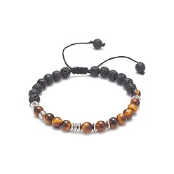 Tiger Eye Natural Tiger Eye & Lava Rock Braided Bead Bracelet, Essential Oil Gemstone Yoga Jewelry for Women, Inner Diameter: 2-1/8~3-1/2 inch(5.4~9.1cm)