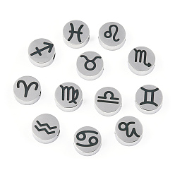 Stainless Steel Color 201 Stainless Steel Beads, Laser Cut, Flat Round with 12 Constellations, Stainless Steel Color, 8x3mm, Hole: 2mm, 12pcs/set