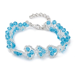 Deep Sky Blue Heart Glass Seed Beaded Bracelets for Women, Deep Sky Blue, 6-3/4 inch(17cm)
