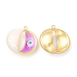 Dark Orchid Brass Pendants, with Enamel, Real 18K Gold Plated, Long-Lasting Plated, Flat Round with Evil Eye Charm, Dark Orchid, 25x25x8mm, Hole: 1.4mm