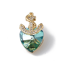 Dark Turquoise Real 18K Gold Plated Rack Plating Brass Micro Pave Clear Cubic Zirconia Pendants, with Glass, Long-Lasting Plated, Cadmium Free & Lead Free, Boat Anchor & Heart Charm, Dark Turquoise, 20x12x9mm, Hole: 6x2.5mm