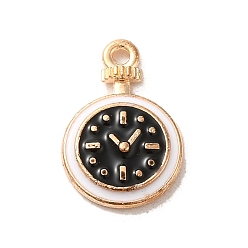 Black Alloy Enamel Pendants, Light Gold, Flat Round with Clock Charm, Black, 17x11.5x2.5mm, Hole: 1.4mm