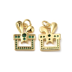 Green Rack Plating Brass Pave Cubic Zirconia Pendants, Lead Free & Cadmium Free, Real 18K Gold Plated, Long-Lasting Plated, Gift Box Charm, Green, 17.5x13x2mm, Hole: 3.4mm