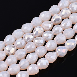 Pink Electroplate Glass Beads Strands, Imitation Jade Glass, AB Color Plated, Faceted, Teardrop, Pink, 4.5x4.5mm, Hole: 1mm, about 100~101pcs/strand, 17.87 inch~18.03 inch(45.4cm~45.8cm)