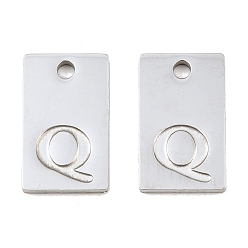 Letter Q 304 Stainless Steel Pendants, Rectangle with Letter Charms, Stainless Steel Color, Letter Q, 16x10x1.4mm, Hole: 1.8mm