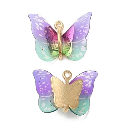 Violet Transparent Resin Pendants, Butterfly Charms with Golden Plated Alloy Findings, Violet, 17~18x21~24x7~7.5mm, Hole: 1.5mm
