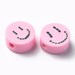 Pink Бусины из полимерной глины , для поделок ювелирных изделий, плоские круглые с улыбающееся лицо, розовые, 9x4~5 мм, отверстие : 1.6 мм