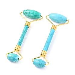 Natural Turquoise Natural Turquoise Brass Face Massager, Facial Rollers, Golden, 142~150x54~58x19~22mm