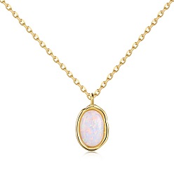Real 18K Gold Plated Oval 925 Sterling Silver Pendant Necklaces, with Synthetic Opal, Real 18K Gold Plated, 15.75 inch(40cm)