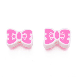 Hot Pink Handmade Polymer Clay Beads, Bowknot, Hot Pink, 6.5~9.5x9.5~12x4~5mm, Hole: 1.5mm