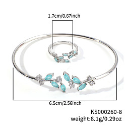 Бледно-бирюзовый Модные комплекты из латунных браслетов и колец с кубическим цирконием в форме листьев для повседневной носки, платина, бледные бирюзовая