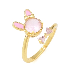 Бледно-Розовый Женские кольца-манжеты с зайчиками и бантами из латуни с микропаве из кубических цирконий, с эмалью, стойки покрытие, долговечный, без свинца и без кадмия, реальный 18 k позолоченный, розовый жемчуг, внутренний диаметр: 18 мм