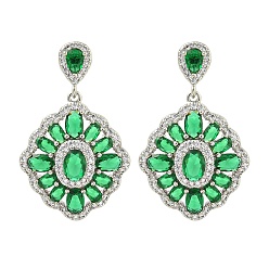 Средний Морско-зеленый Латунь микро проложить кубический цирконий болтаться серьги стержня, цветок, платина, средний морской зеленый, 38.5x24.5 мм