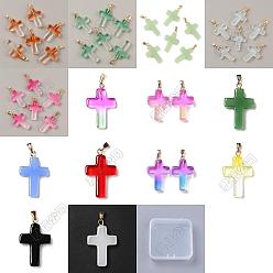 Couleur Mélangete 28 pcs 14 styles pendentifs en verre, avec accessoires en fer plaqués or , croix, couleur mixte, 28.5~29x18~18.5x4.5~5mm, Trou: 5.5~6.5x3mm, 2 pcs / style