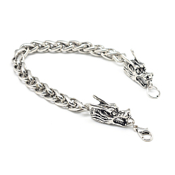 Antique Silver Iron Wheat Chain Bracelets, with Alloy Dragon Findings and Lobster Claw Clasps, Antique Silver, 9 inch(23cm), 8mm