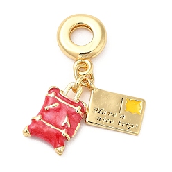 Красный Латунные эмалированные европейские подвески с подвесками, Подвески с большими отверстиями, без свинца и без кадмия, долговечный, реальный 18 k позолоченный, чемоданы для билетов и багажа, красные, 30.5 мм, отверстие : 4.5 мм, чемоданы: 15x9x3мм, билет: 11.5x7.5x1мм