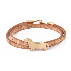 PeachPuff Imitation Leather Puppy Wrap Bracelets, 2-Loops, with Alloy Sausage Dog/Dachshund Side Charms and Clasps, Golden, PeachPuff, 14-5/8 inch(37cm), 5.5x2mm