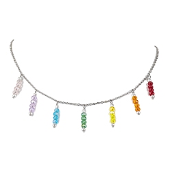 Stainless Steel Color Colorful Glass & Round Shell Pearl Beaded Charms Bib Necklace, with 304 Stainless Steel Cable Chains, Stainless Steel Color, 16.18 inch(41.1cm)