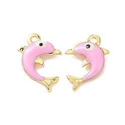 Pink Brass Enamel Pendants, Real 18K Gold Plated, Dolphin with Evil Eye, Pink, 12.5x8x3mm, Hole: 1mm