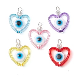 Mixed Color Transparent Acrylic Pendants, with Resin Beads and 6/0 Glass Seed Beads, Heart with Evil Eye, Mixed Color, 21x16x5mm, Hole: 2mm