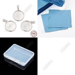 Platinum 925 Sterling Silver Pendant Cabochon Settings, with Suede Fabric Square Silver Polishing Cloth, Flat Round, Platinum, Tray: 13mm, 17x15x2mm, Hole: 5x3.5mm, 2pcs