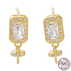 Real 18K Gold Plated 925 Sterling Silver with Clear Cubic Zirconia Stud Earring Findings, for Half Drilled Pearl Beads, with S925 Stamp, Rectangle, Real 18K Gold Plated, 14.5x5.5mm, Pin: 0.7mm