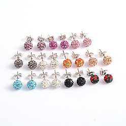 Mixed Color Polymer Clay Rhinestone Ball Stud Earrings, with Steel Pins, Mixed Color, 8~9mm, Pin: 0.8mm