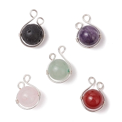 Серебро Круглые подвески из натурального зеленого авантюрина, розового кварца, лавового камня, сердолика и аметиста, обмотанные медной проволокой, смешанные окрашенные и неокрашенные, серебряные, 17~18x13x10 мм, отверстие : 2.5 мм