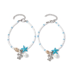 Turquoise Tibetan Style Zinc Alloy Tortoise Charm Bracelet, with Natural Shell & Synthetic Turquoise Starfish & Seed Beaded Chains, Turquoise, 7-1/8 inch(18cm)