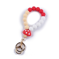 Red Mushroom Silicone Beaded Wristlet Keychain, with Iron Findings, for Women Car Key or Bag Decoration, Red, 17cm