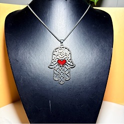 Hamsa Hand Готические ретро-филигранные подвески из сплава с эмалью для женщин., платина, Рука хамса с красным сердцем, 22.83 дюйм (58 см)