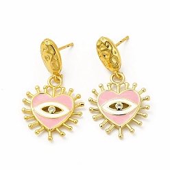 Pink Серьга-гвоздик из латуни с кубическим цирконием, эмалированное сердце с подвеской в виде глаза для женщин, реальный 18 k позолоченный, без свинца и без кадмия, розовые, 33 мм, штифты : 1 мм