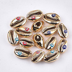 Mixed Color Electroplated Cowrie Shell Beads, Undrilled/No Hole Beads, with Enamel, Cowrie Shell Shape with Evil Eye, Mixed Color, 18~21x11~15x8mm