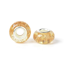 Goldenrod Rondelle Resin European Beads, Large Hole Beads, with Glitter Powder and Platinum Tone Brass Double Cores, Goldenrod, 13.5x8mm, Hole: 5mm