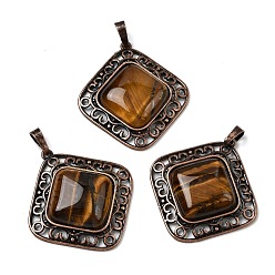 Тигровый глаз Естественно тигровый глаз ромб подвески, с винтажной латунной рамкой красного медного оттенка, 39x36.5x7~8 мм, отверстие : 8.5x5 мм