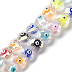 Mixed Color Transparent Evil Eye Glass Beads Strands, with Enamel, Faceted, Heart, Mixed Color, 10x10x6~7.5mm, Hole: 1.2mm, about 40pcs/strand, 14.25''(36.2cm)
