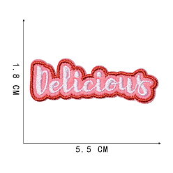 Pink Computerized Embroidery Polyester Sew on Patches, Costume Accessories, Word Delicious, Pink, 18x55mm