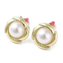 Golden Rack Plating Alloy Sun Stud Earrings with ABS Pearl Beaded and 304 Stainless Steel Pin, Cadmium Free & Nickel Free & Lead Free, Golden, 16mm, Pin: 0.6mm