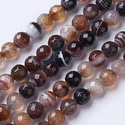 Coffee Natural Striped Agate/Banded Agate Beads Strands, Dyed & Heated, Faceted, Grade A, Round, Coffee, 8mm, Hole: 1.2mm, about 47pcs/strand, 14.9 inch(38cm)