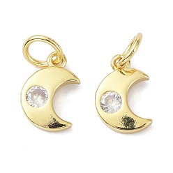Real 18K Gold Plated Brass Cubic Zirconia Charms, with Jump Ring, Long-Lasting Plated, Lead Free & Cadmium Free, Moon, Real 18K Gold Plated, 9.5x6.5x1.8mm