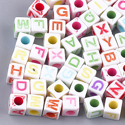 Mixed Color Craft Style Acrylic Beads, Horizontal Hole, Cube with Letter, Mixed Color, 7x7x7mm, Hole: 3.5~4mm, about 1950pcs/500g