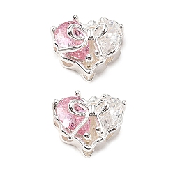 Бледно-Розовый Латунные микро проложить кубического циркония бусы, сердце с бантом, 925 серебро покрытием, розовый жемчуг, 9.5x12x8 мм, отверстие : 1 мм